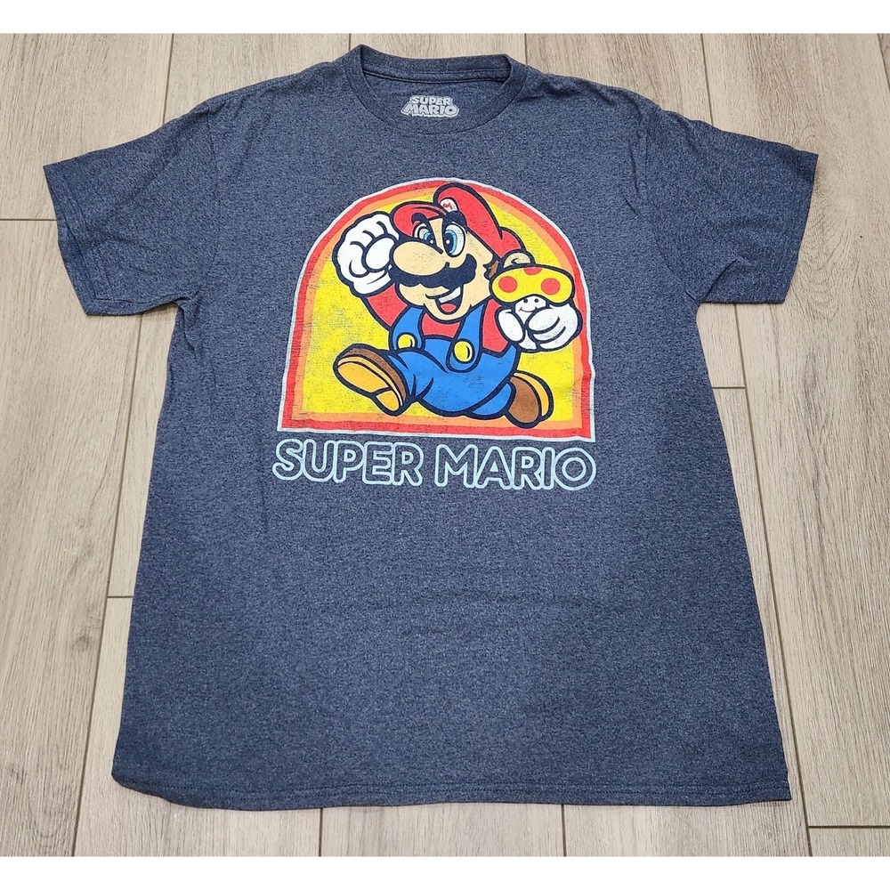 Nintendo Super Mario Mens Shirt M Blue Short‎ Sleeve Graphic Tee Gaming Stretch